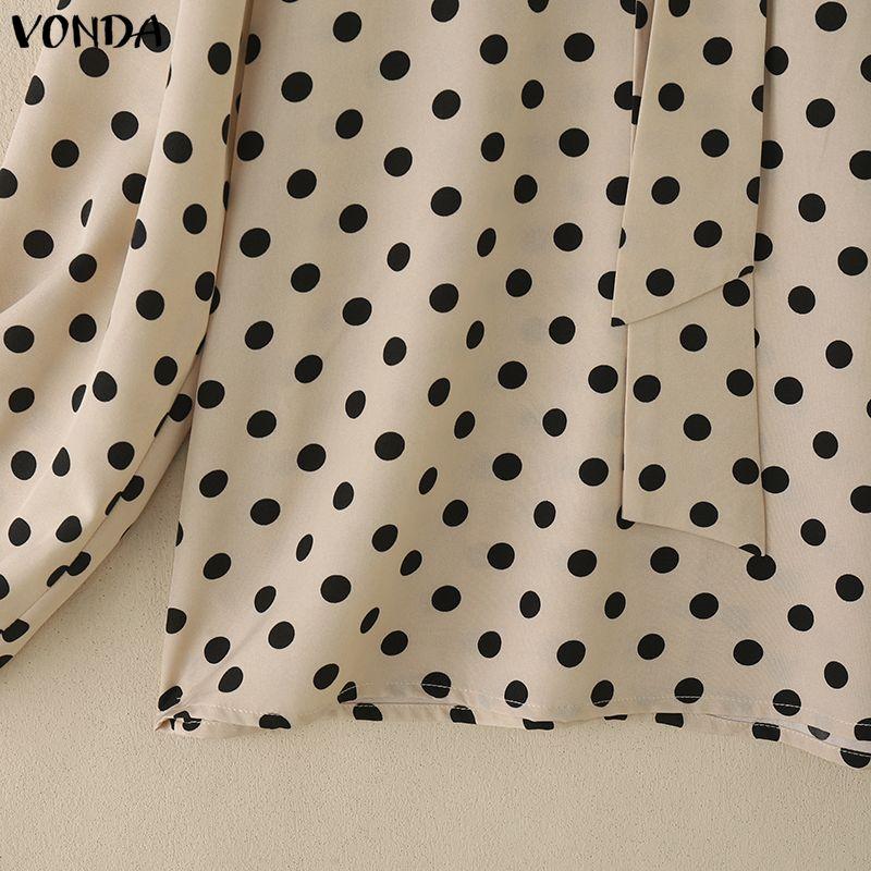 VONDA Elegant Women Tie V Neck Long Sleeve Polka Dots Casual Blouse Tops
