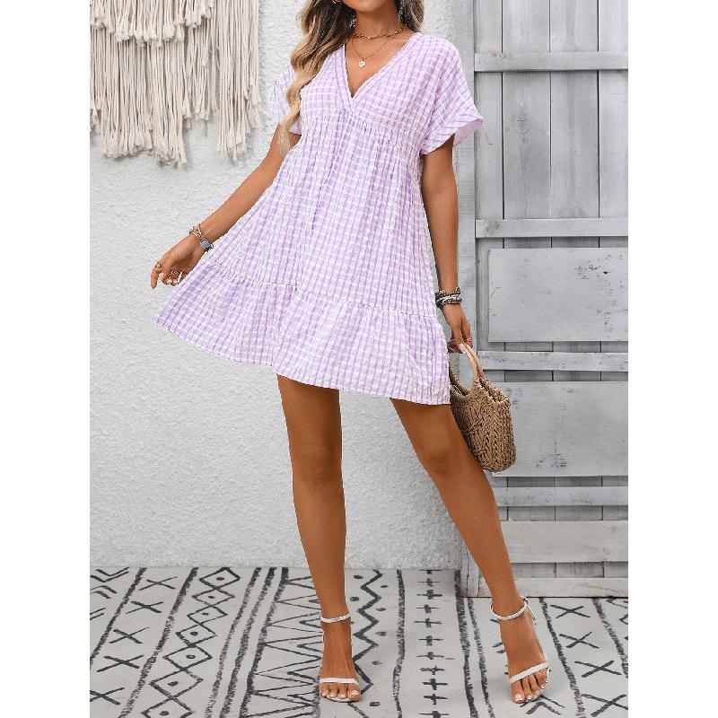 2026 Summer New Women's V-neck Loose Casual Short-sleeve Plaid Dress