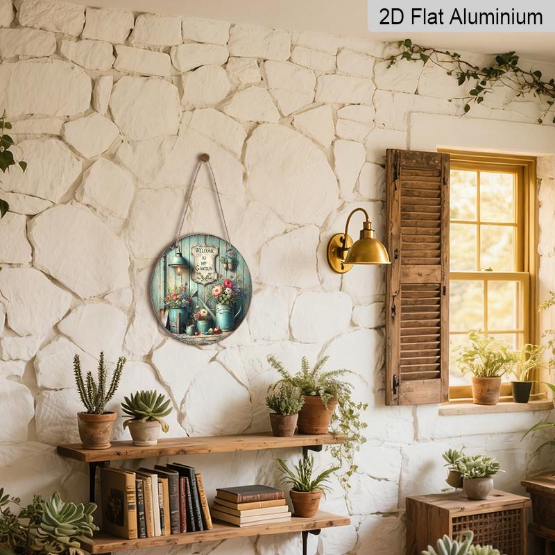 2D Flat - 1pc Round Vintage "Welcome to My Garden" Aluminum Sign - Rustic Floral Watering Can & Lantern Wall Plaque, Perfect for Rustic Style Wall Or