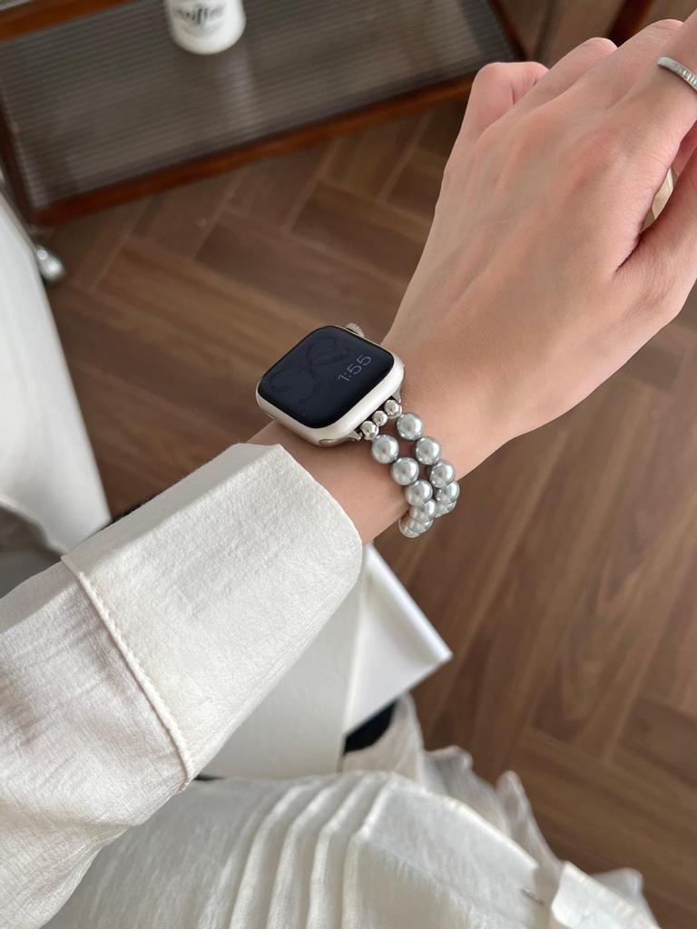 Compatible Bowknot Pearl Elastic Beaded Strap for Apple Watch 10/9/8/7/SE