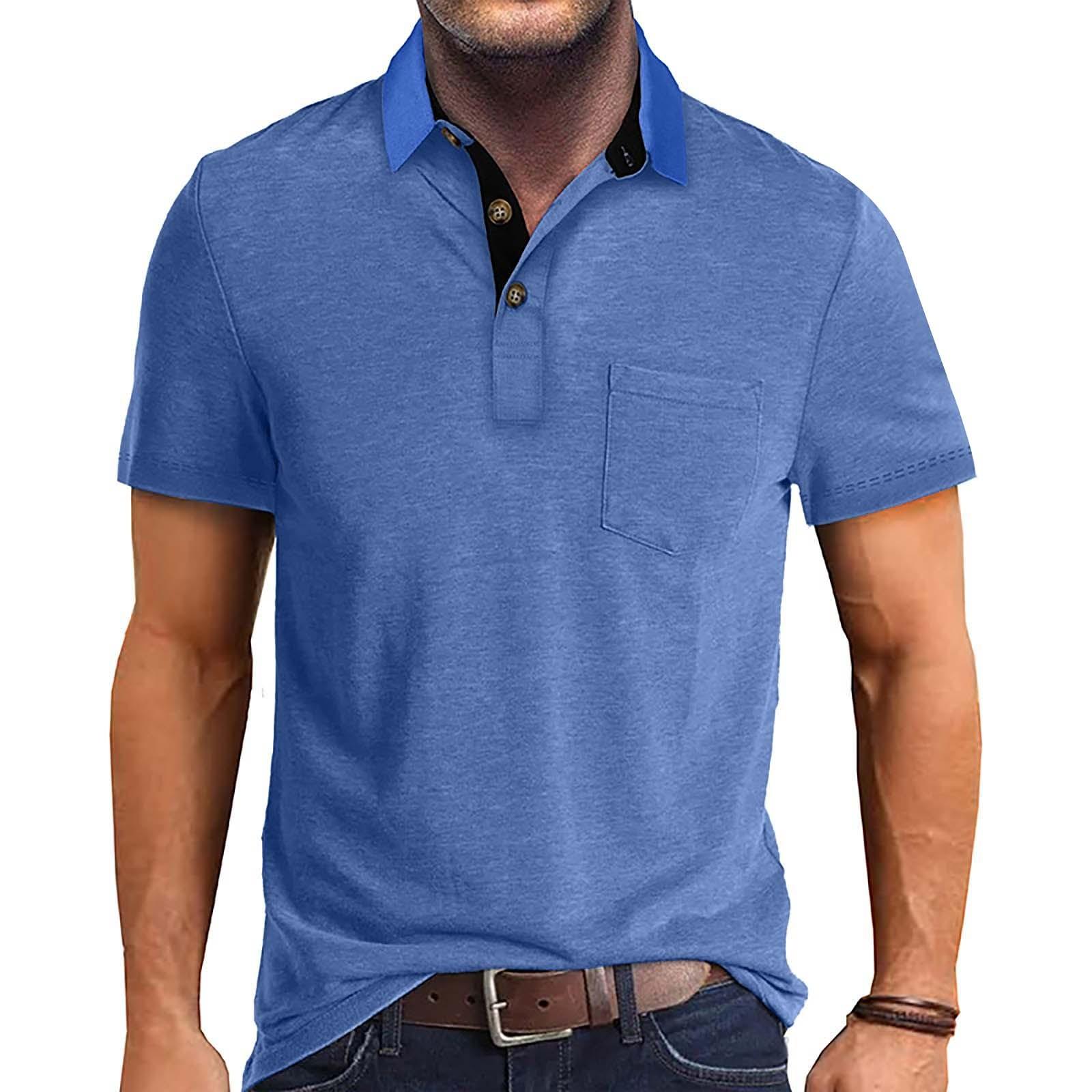 

Мужская летняя однотонная футболка с открытым воротником на 3 пуговицах и топом с короткими рукавами на пуговицах XXL светло-синий