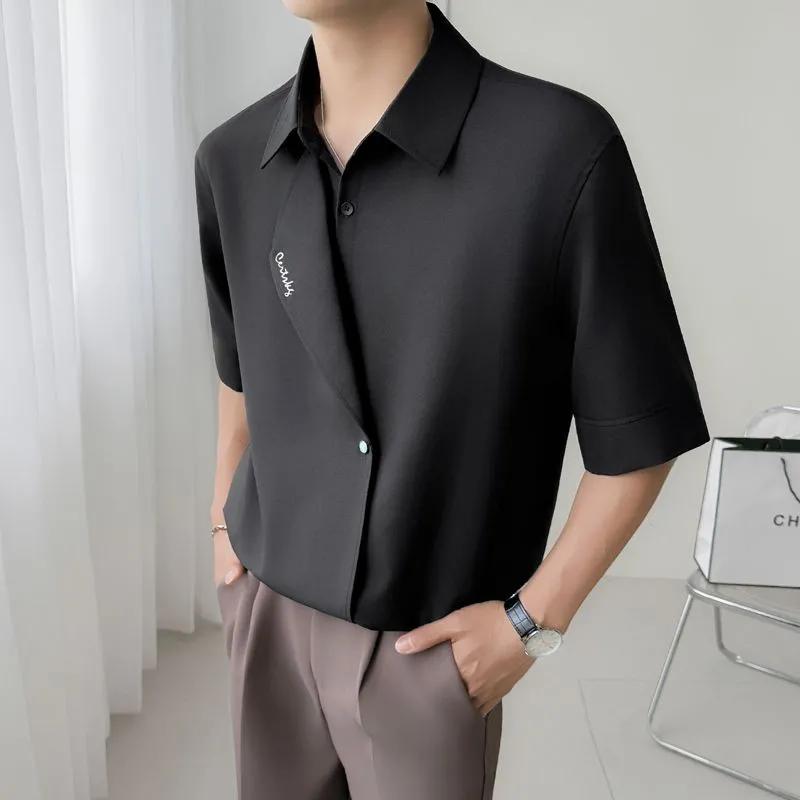 

Men s Black Asymmetric Placket Embroidered Short Sleeve Shirt Loose Fit Casual Office Top S чёрный