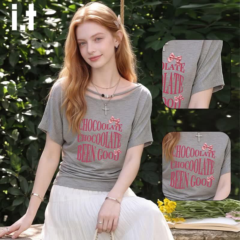 CHOCOOLATE Women s Off-Shoulder Letter Print T-Shirt One Size