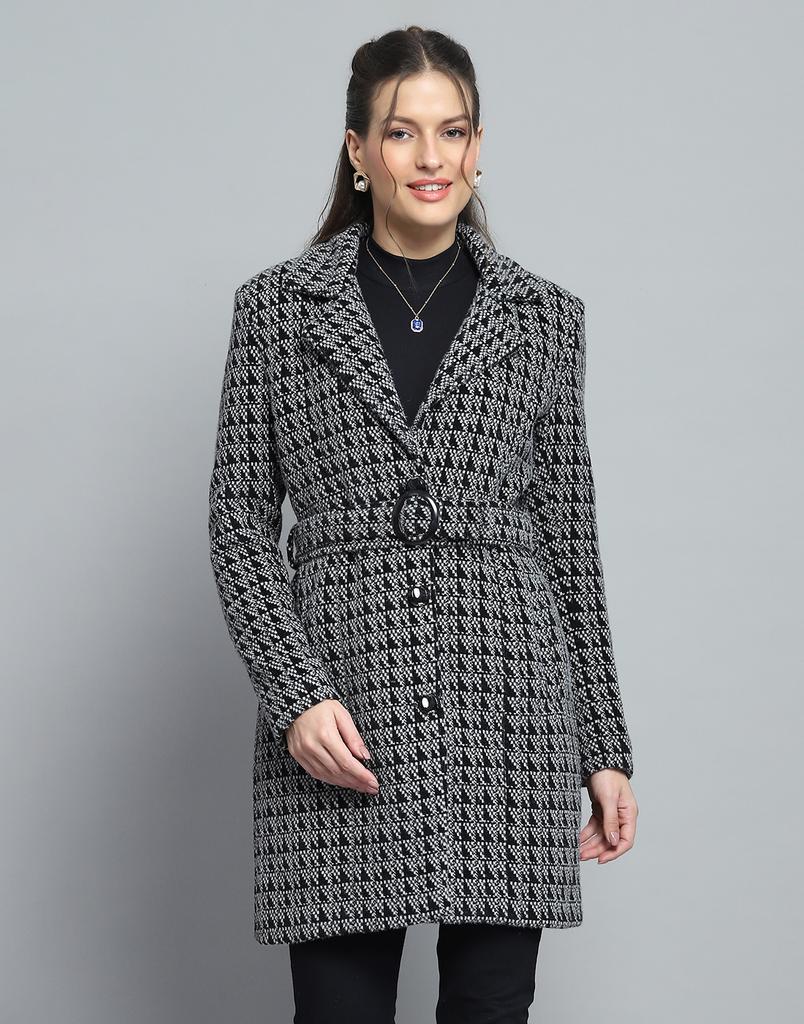 MONTE CARLO Womens Self Design Black Notch Lapel Full Sleeve Coat