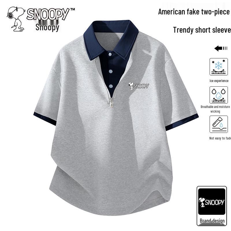 SNOOPY Men s Short-Sleeve Faux Two-Piece Polo T-Shirt XL светло-серый