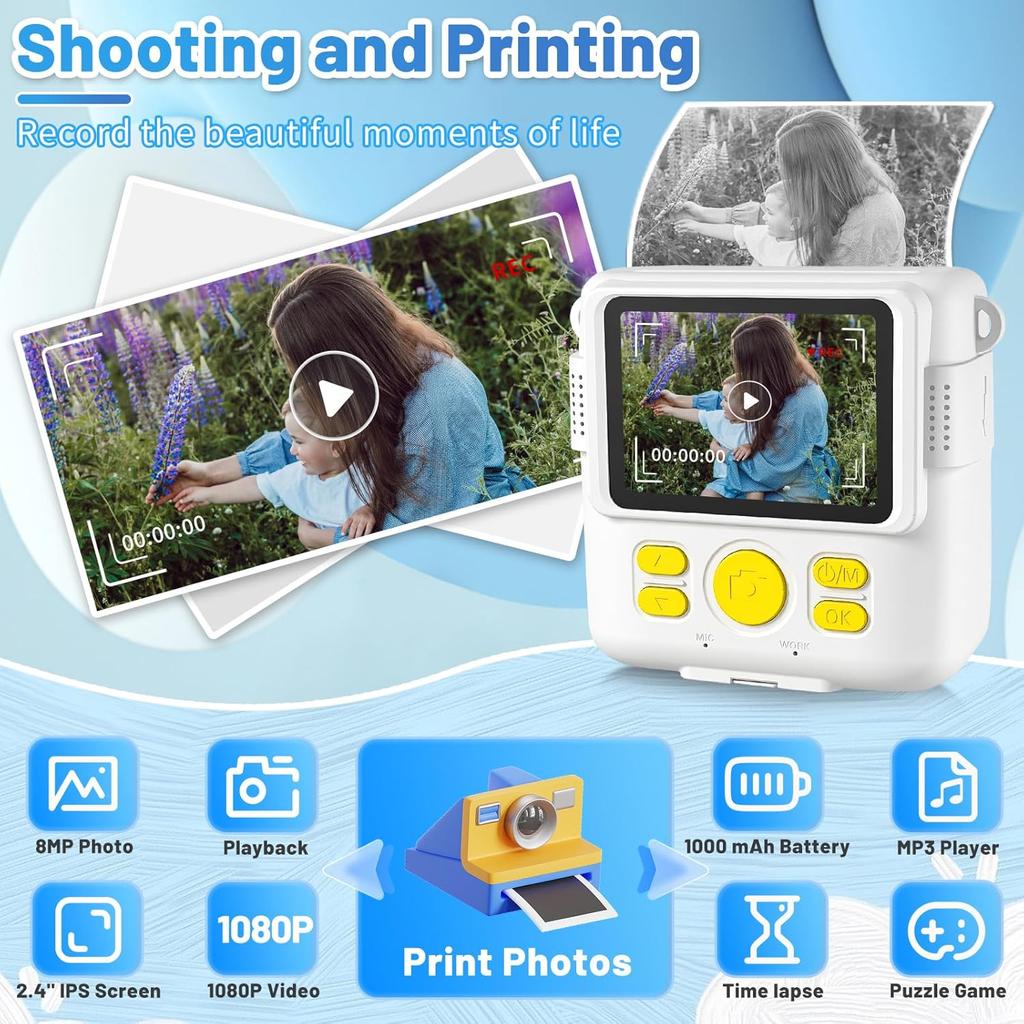 Instant Print Camera for Kids with 3 Rolls of Printer Paper, 1080P Toddler Digital Camera Toys for Age 3-12 with 32GB SD Card, Christmas & Birthday