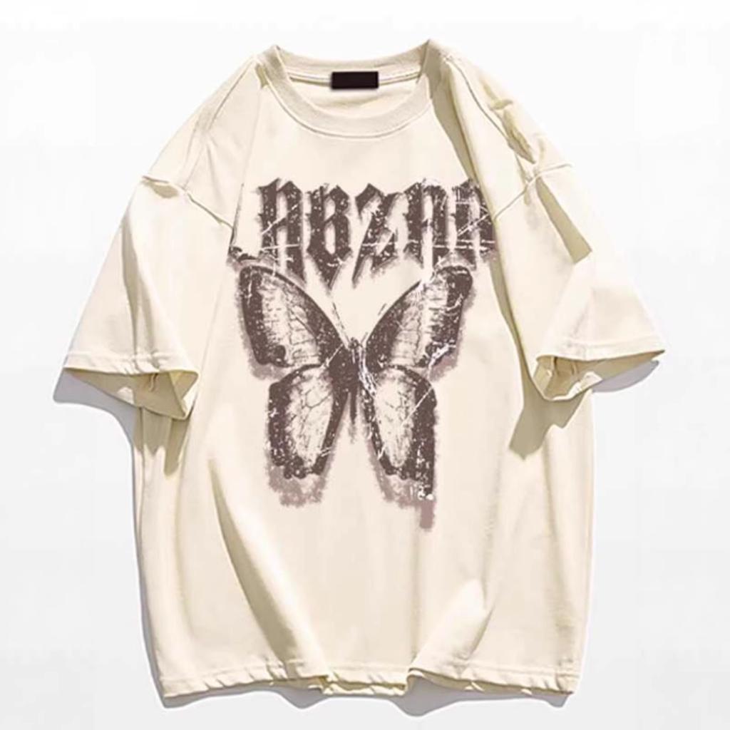 American high street butterfly letter printing large size fat mm pure cotton short-sleeved T-shirt women's loose and thin versatile couple's clothing