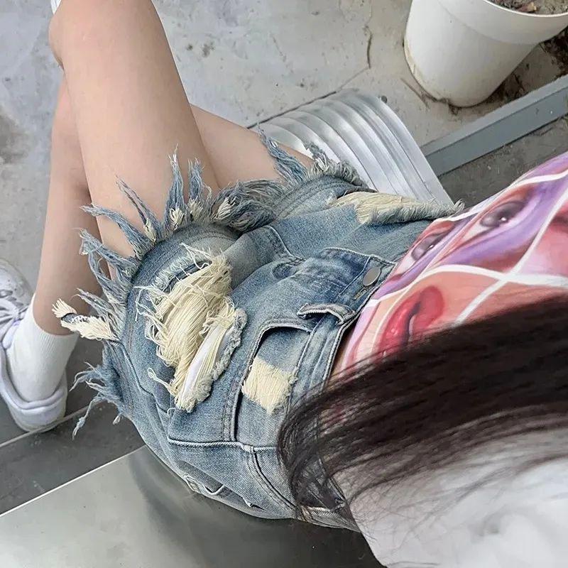 High Waist Tassel Ripped Denim Shorts for Women - Summer A-line Wide Leg with Raw Hem
