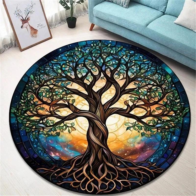 Runder Vintage-Teppich 'Baum des Lebens' für Wohnzimmer und Schlafzimmer Eleganter rutschfester Teppich Stilvolle dekorative Bodendekoration Perfektes Geschenk