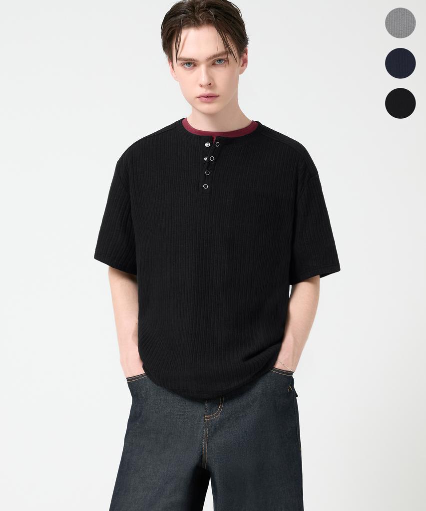 TRILLION Ribbed Ring Snap Henley Neck Short Sleeve T-Shirt_3Color