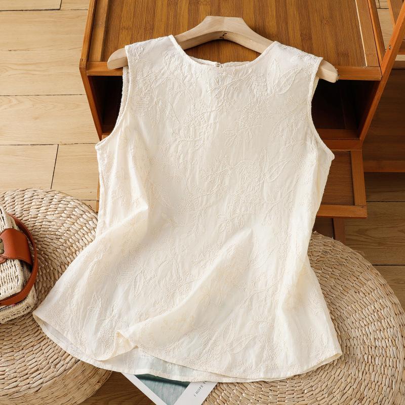 New Chinese style national style cotton embroidery comfortable and simple small vest beige embroidered shirt sleeveless top women