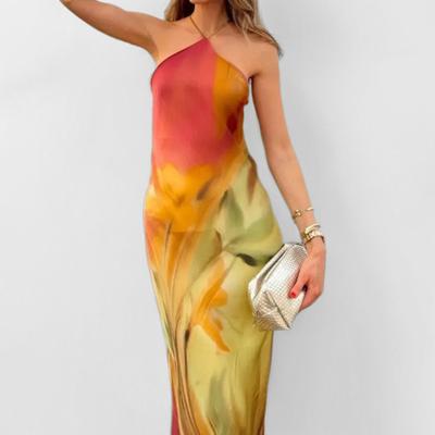 Lente Damesmode Elegant Retro Bedrukte Halterjurk