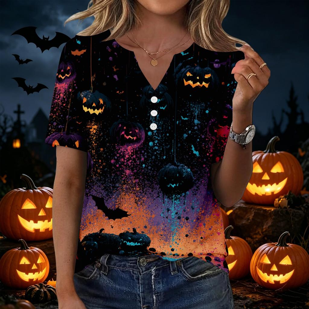 Women Casual Halloween Print V Neck Short Sleeve Button T Shirt Lightweight Soft Fabric Relaxed Fit Top for Everyday Wear