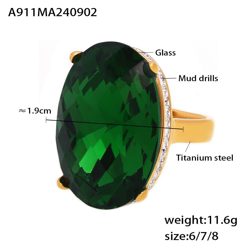 European  American Retro Oval Rhinestone Ring: 18K Gold-Plated Titanium Steel with a Light Luxury Feel Size 7