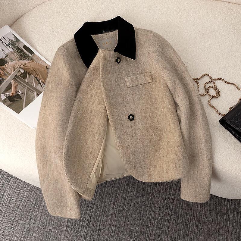 Women's Wool Blend Color-block Lapel Coat