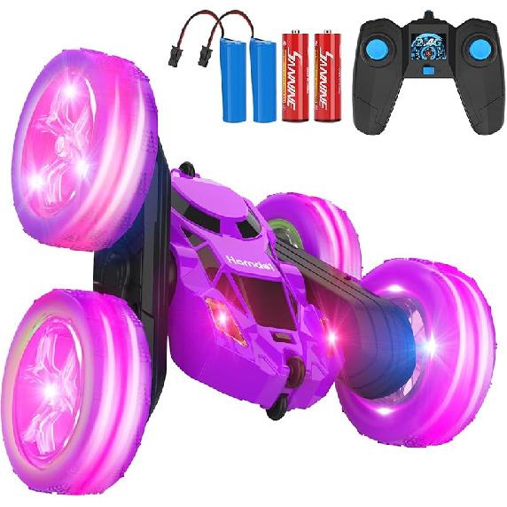 Pink Remote Control Car for Girls 6-12 Year Old Double Sided 360Captive Rotating 4WD Rechargeable RC Cars Race Stunt Toy Car for Kids Birthday