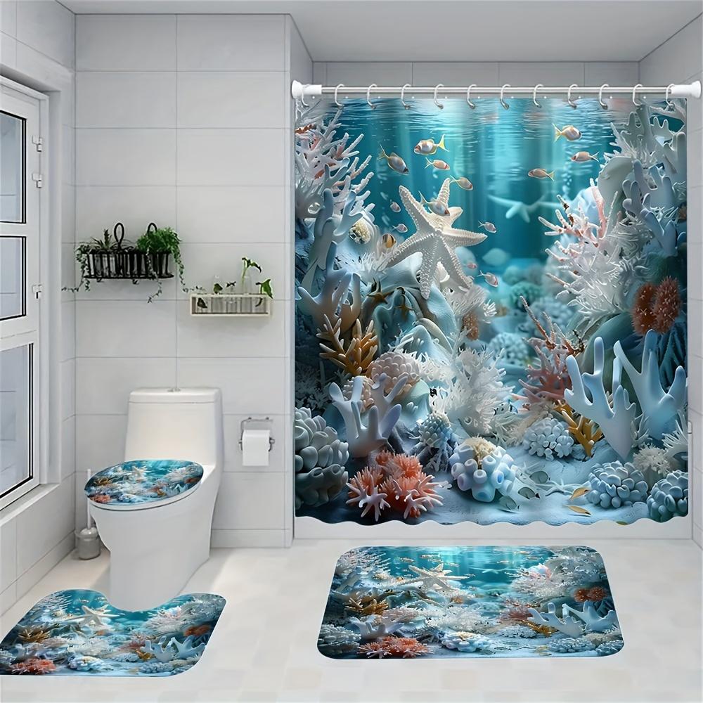 Ensemble de salle de bain récif corallien sous-marin enchanteur - Rideau de douche imperméable, Housse de couvercle de toilette, Tapis de bain et Tapis contour