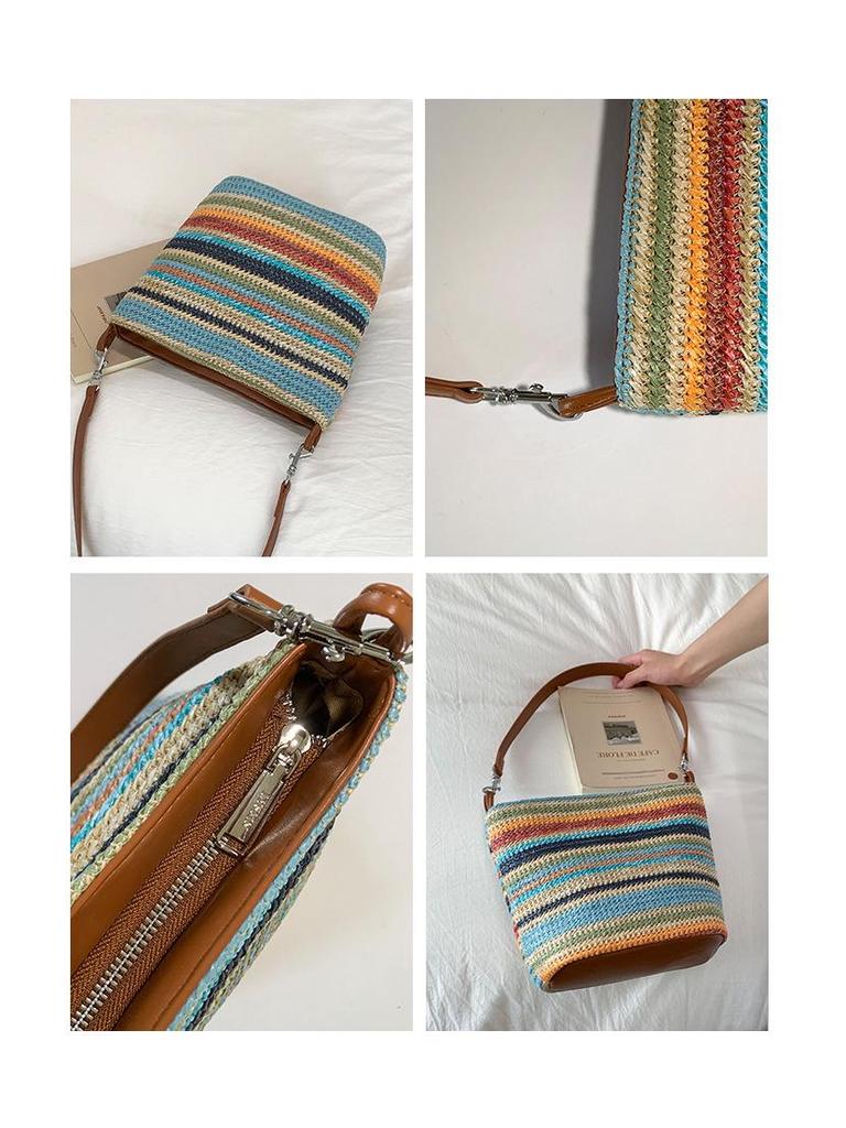 Herbst & Winter 2025 Regenbogenfarben gestreifte Stroh geflochtene Schultertasche - Minimalistische Damen Strand Eimertasche
