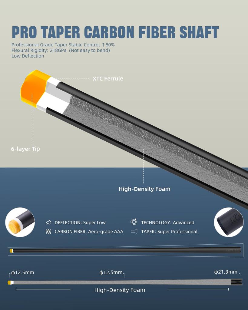 KONLLEN Carbon Fiber Pool Hand Low Cue, 147cm, Inlay, Deflection, 11.8/12.6mm