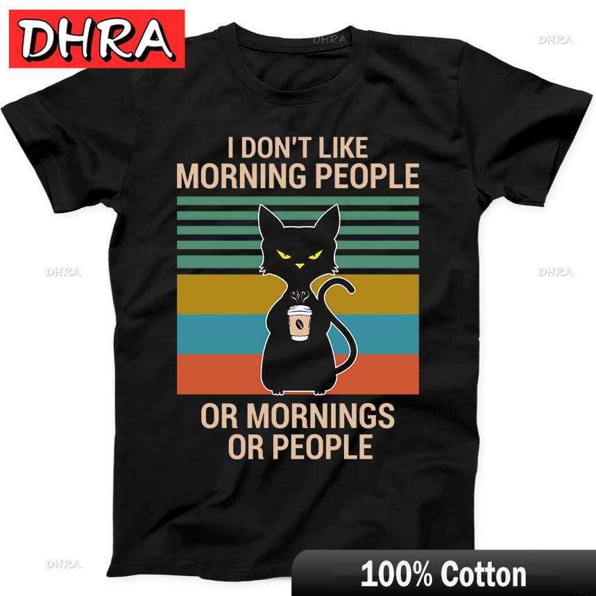 I Hate Morning People Coffee Black Cat Funny Gift Tee Black T Shirt Streetwear Colorful Urban Tees Shirts New Zealand Portrait 4XL