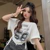 Sweet and Cool Spice Girl Printed Short Sleeve T-Shirt Women's Design Sense Hollow Drawstring Straps Chic Niche Loose Short Top