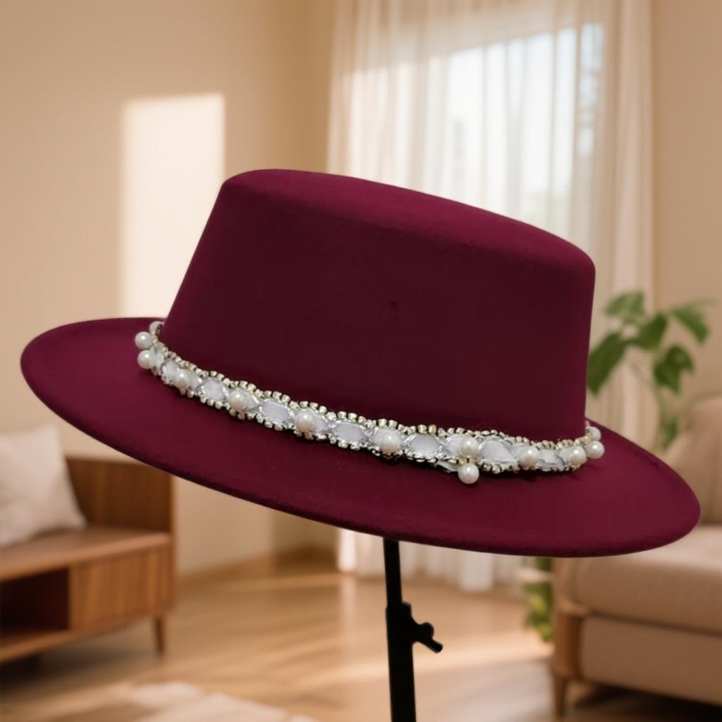 Autumn and winter black woolen flat top top hat women's small fragrant style British retro pearl rhinestone celebrity fashion hat self-operated