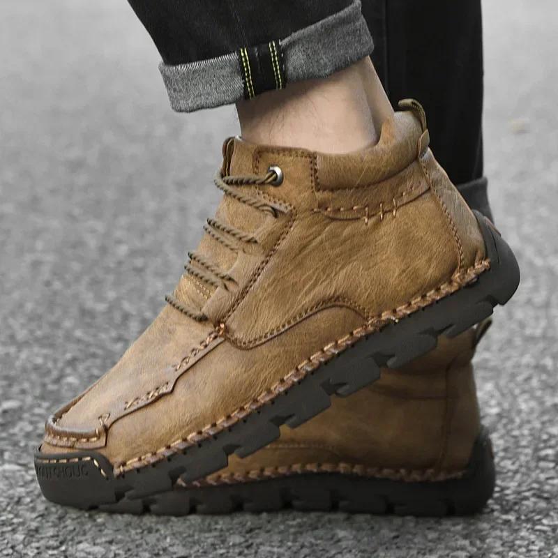 Hiking Shoes for Men Autumn Winter Ankle Snow Boots Optional Plush High-tops Men Shoes Hand Stitched Leather Shoes