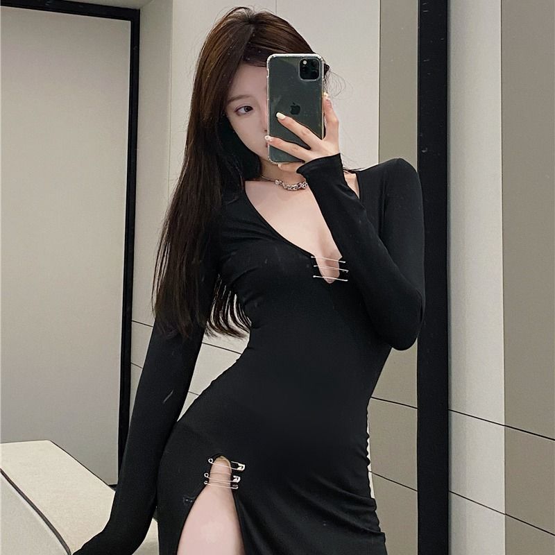Sexy Medium and Long Dress Spice Girl Design Sense Split Fork Jumping Disco Vacation Low Cut Irregular Long Sleeve Dress Women