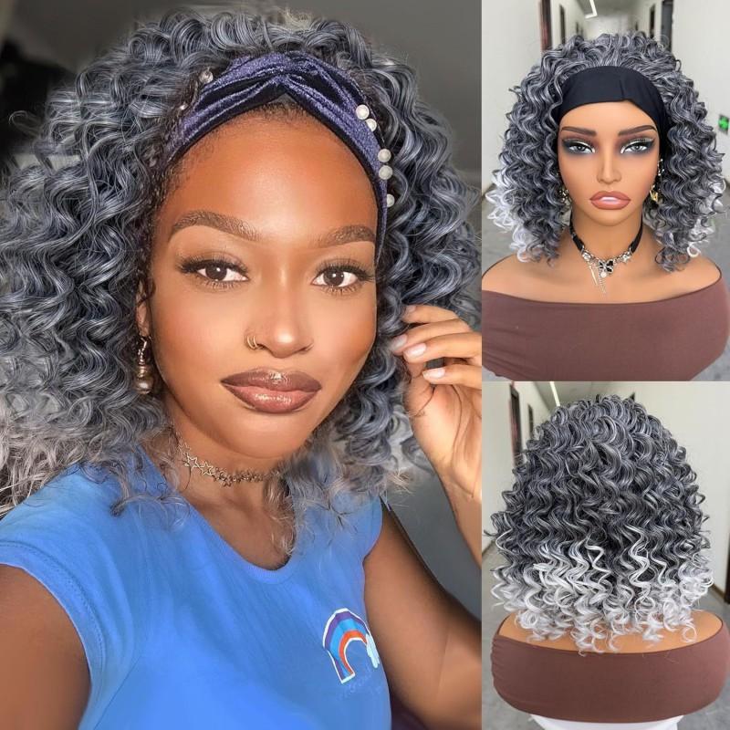 African Womens Short Curly Wig Headband Synthetic H0826A 14inch High Density 210%