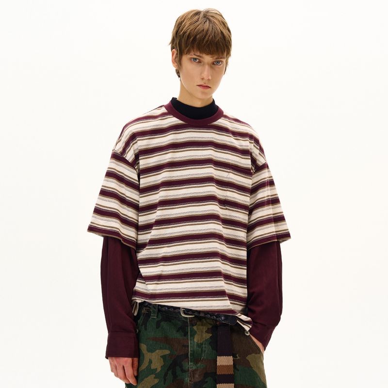 Madwitch American Classic Fake Two-Piece Striped Long-Sleeve T-Shirt for Men and Women, Loose Casual Lazy Couple Top Ins