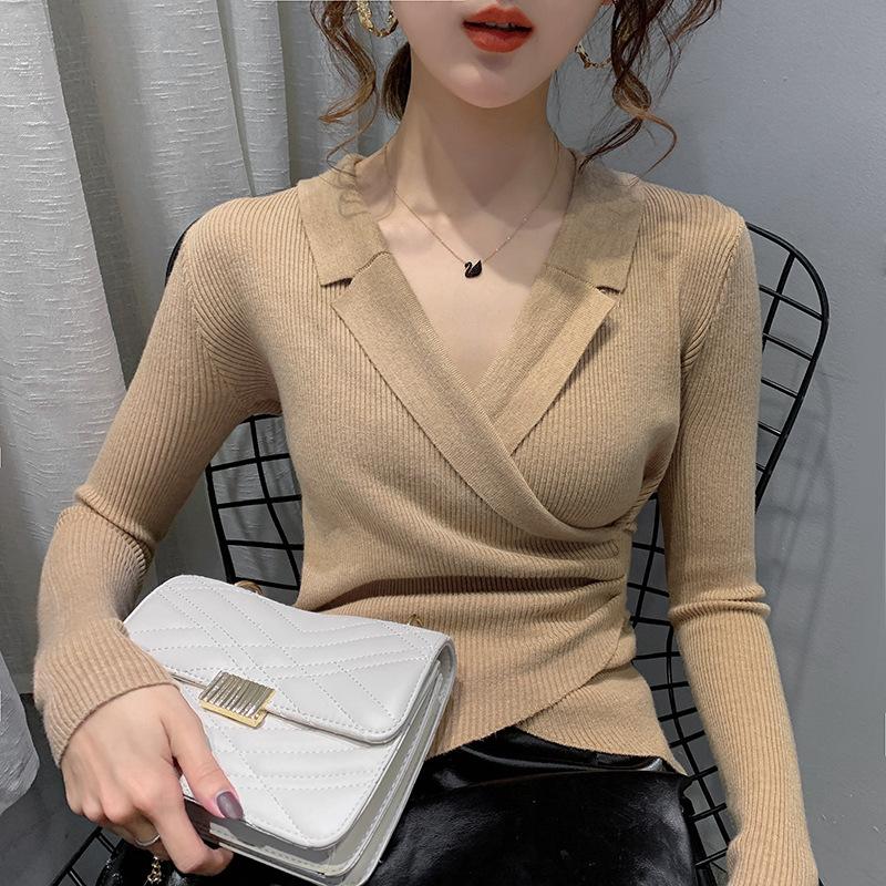 V-neck Solid Color Sweater Women's Inner Wear Autumn and Winter New Foreign Style Slim-fitting Outer Wear Pullover Knitted Sweater