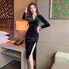 2025 Spring/Autumn Women's Fashion Velvet Midi Dress - Long Sleeve Slim-Fit with Cinched Waist and Slit Skirt