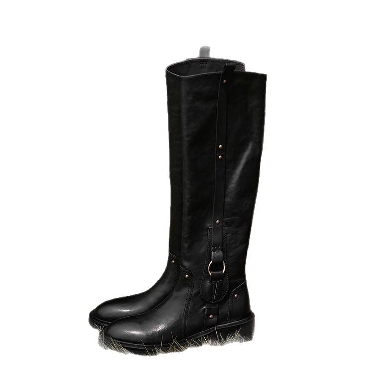 Cowhide version~ Heroic but knee high boots women's knight boots round head thick heel 2025 autumn and winter Martin boots