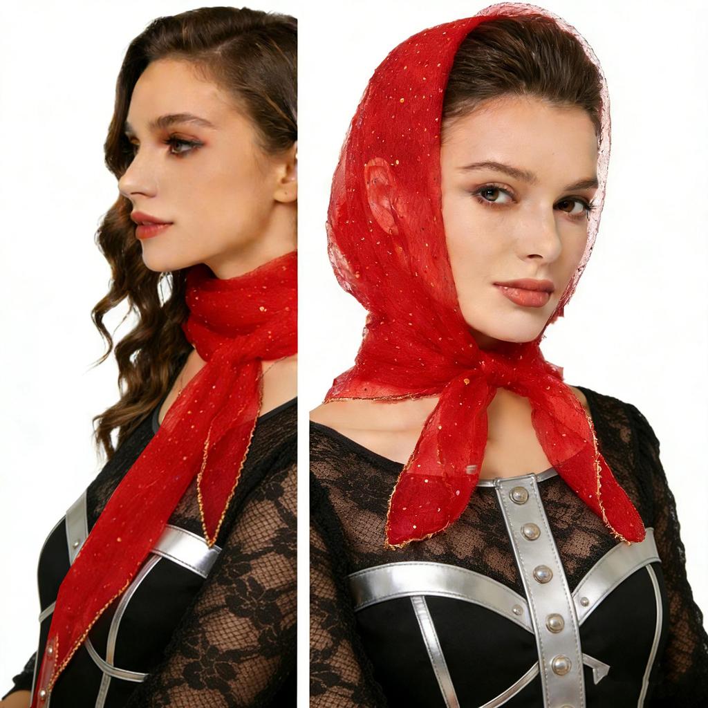 80cm Glitter Rhinestone Square Scarf, Sparkly Mesh Head Wrap for Women