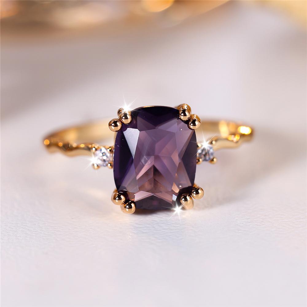 Trendy Purple Zircon Squarel Stone Vintage Gold Color Wedding Bands Engagement Rings For Women Men Minimalist Jewelry
