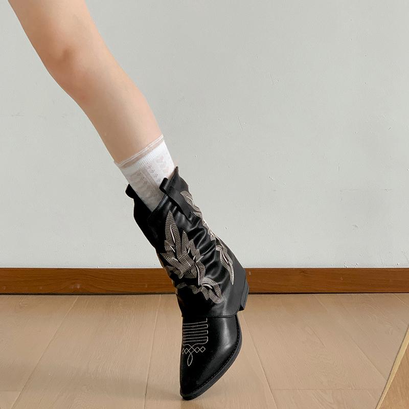 Fashion Vintage Pointed Toe Thick Heel Woman Western Cowgirl Boot Casual Slip On Short Booties Autumn Winter Hottie Shoes