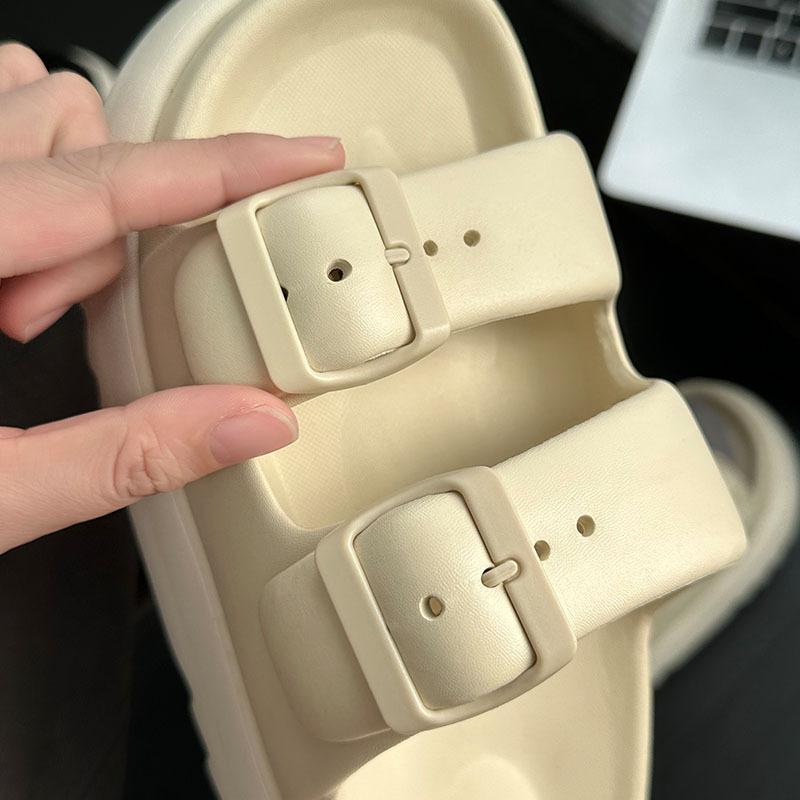 Thick Soled Height Increasing Slippers for Women In Summer, Two Tone Slippers for Outdoor Wear, Trendy Beach Anti Slip, Double Button, Straight Drag