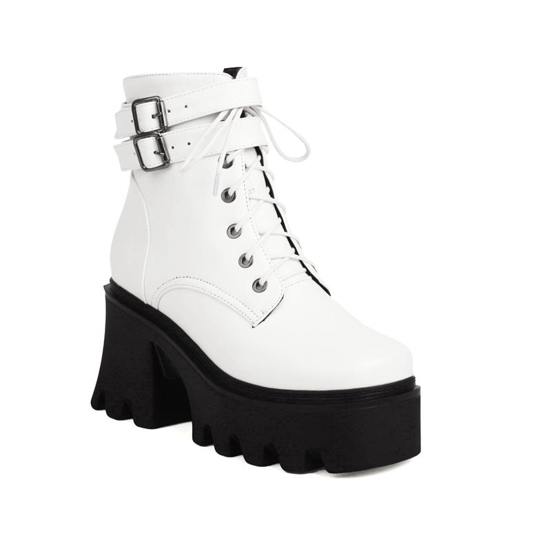 

ANNYMOLI Жіночі короткі черевики до щиколотки, платформа, товсті високі підбори, пряжка, блискавка, бойові черевики, жіноче взуття, зима 43 39 білий