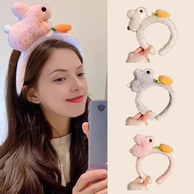 Bunny Headband Soft Plush Wide Brim Thickened Core Comfortable Fit Hair Hoop 3D Rabbit Carrot Makeup Face Wash Headpiece