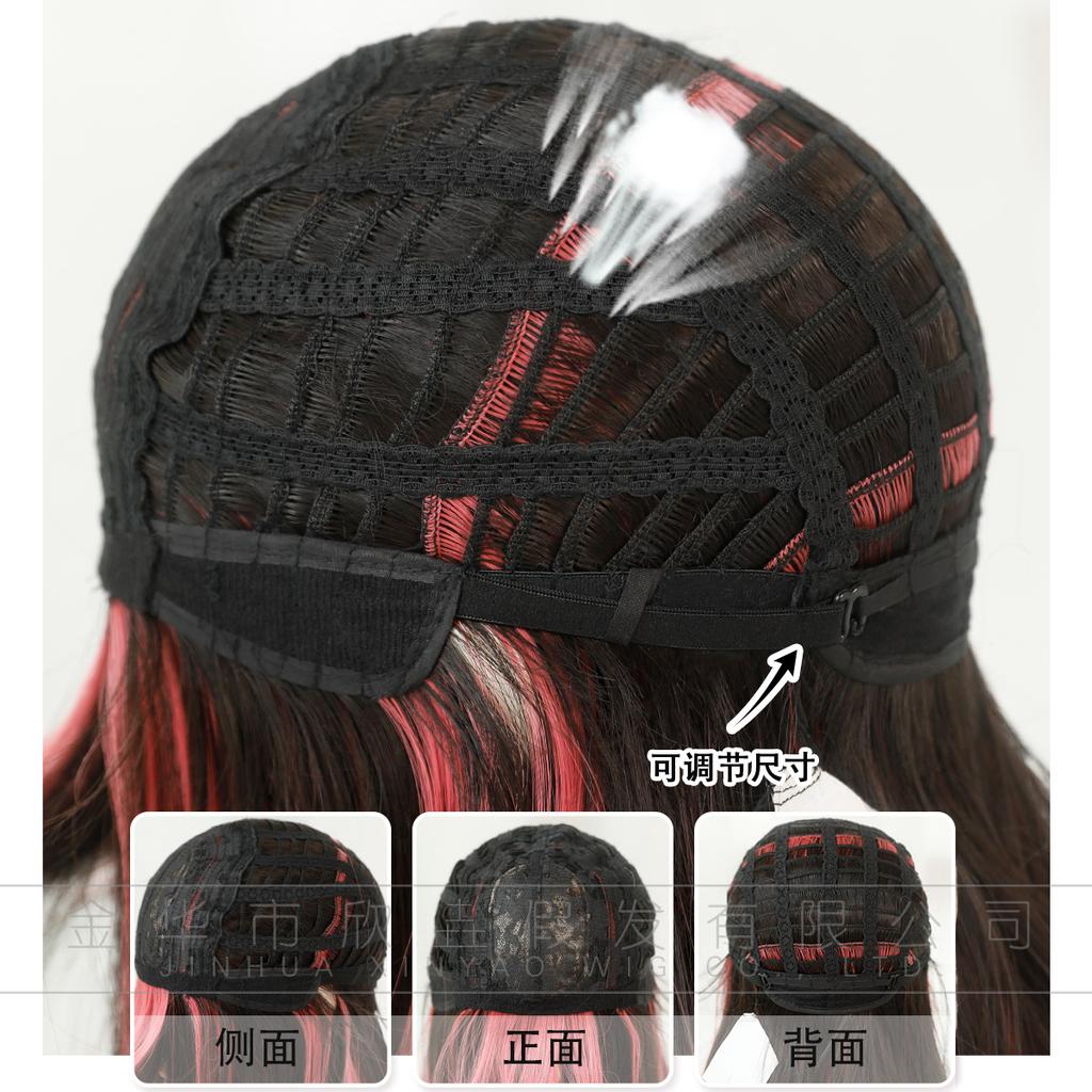 European American Women's Wig Black Dyed Red Bangs Full Head Hairstyle Big Wave Long Roll Lolita