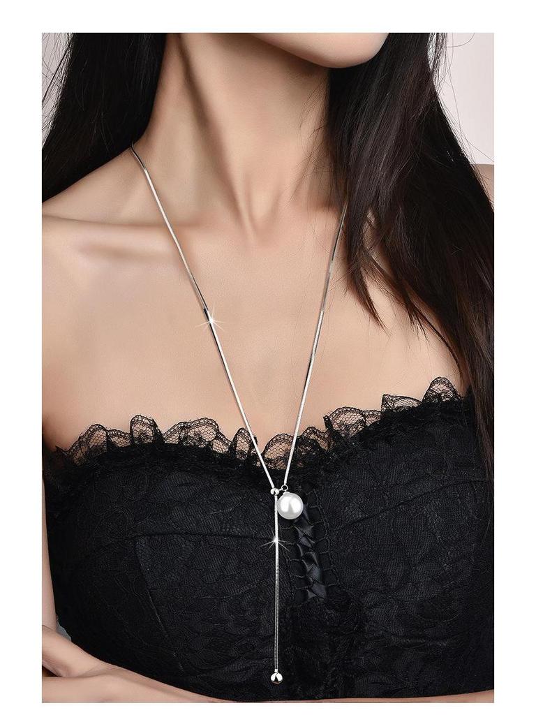 Titanium Steel Pearl Pendant Necklace for Women - Elegant Long Necklace for Autumn and Winter Sweaters