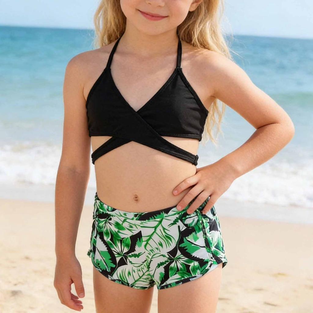 Dziewczęcy Trzyczęściowy Zestaw Kostiumów Kąpielowych Top na Szyję Bikini z Wiązaniem i Szorty Stroje Plażowe Kostiumy Kąpielowe dla Dzieci