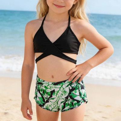 Dziewczęcy Trzyczęściowy Zestaw Kostiumów Kąpielowych Top na Szyję Bikini z Wiązaniem i Szorty Stroje Plażowe Kostiumy Kąpielowe dla Dzieci