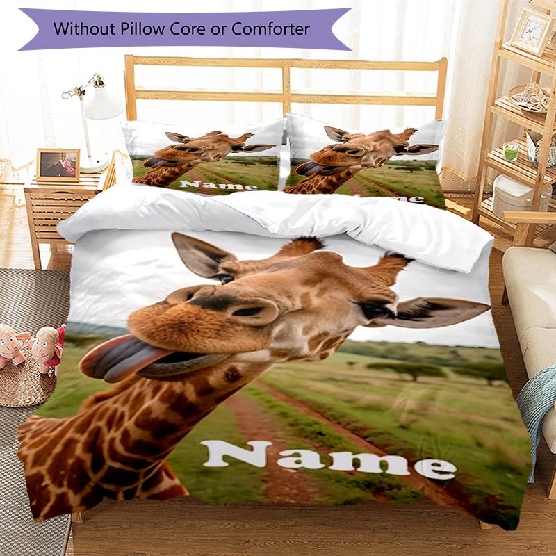 3pcs Custom Name Giraffe Bedding Set Duvet Cover Closure Includes 1 Duvet Cover & 2 Pillowcases, Soft and Comfortable for All Seasons.