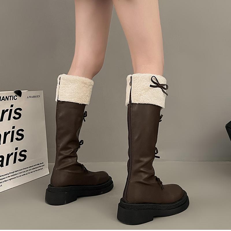 Autumn Winter Short Plush Woman Knee High Boot Fashion Butterfly-knot Knight Long Booties Botas Feminino