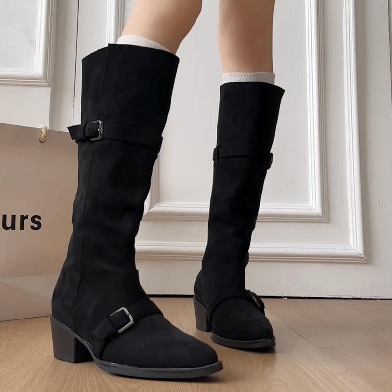 Korean Version Retro Suede Belt Buckle Thick Heel Boots Women's Autumn and Winter Wear Classic Wide Circumference Thin Long Boots