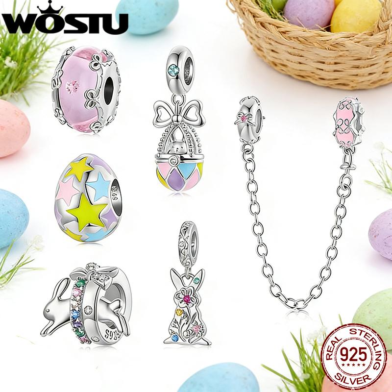WOSTU Easter Eeries 925 Sterling Silver Colorful Rabbit Charm Lucky Star Egg Pendant Safty Chain Easter Basket Stuffers DIY Gift