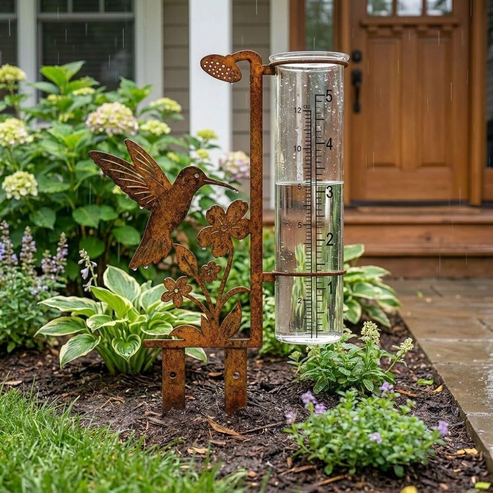 Freeze Proof Garden Rain Meter Vintage Flower Bird Yard Rainfall Monitor Bird Watching