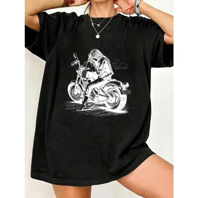 Black Oversized T Shirt With Motorcycle Girl Graphic Print For Casual Wear And Street Style