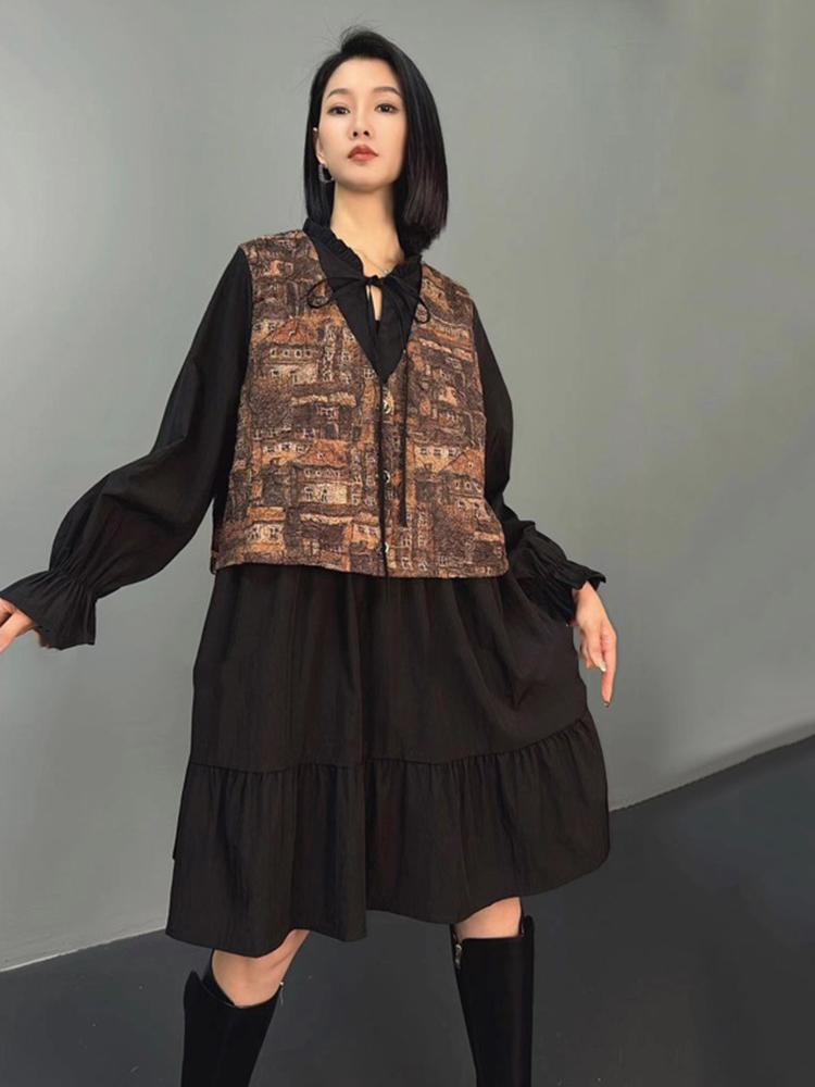 Xitao Contrast Color Patchwork V-neck Bandage Dresses GJ1094